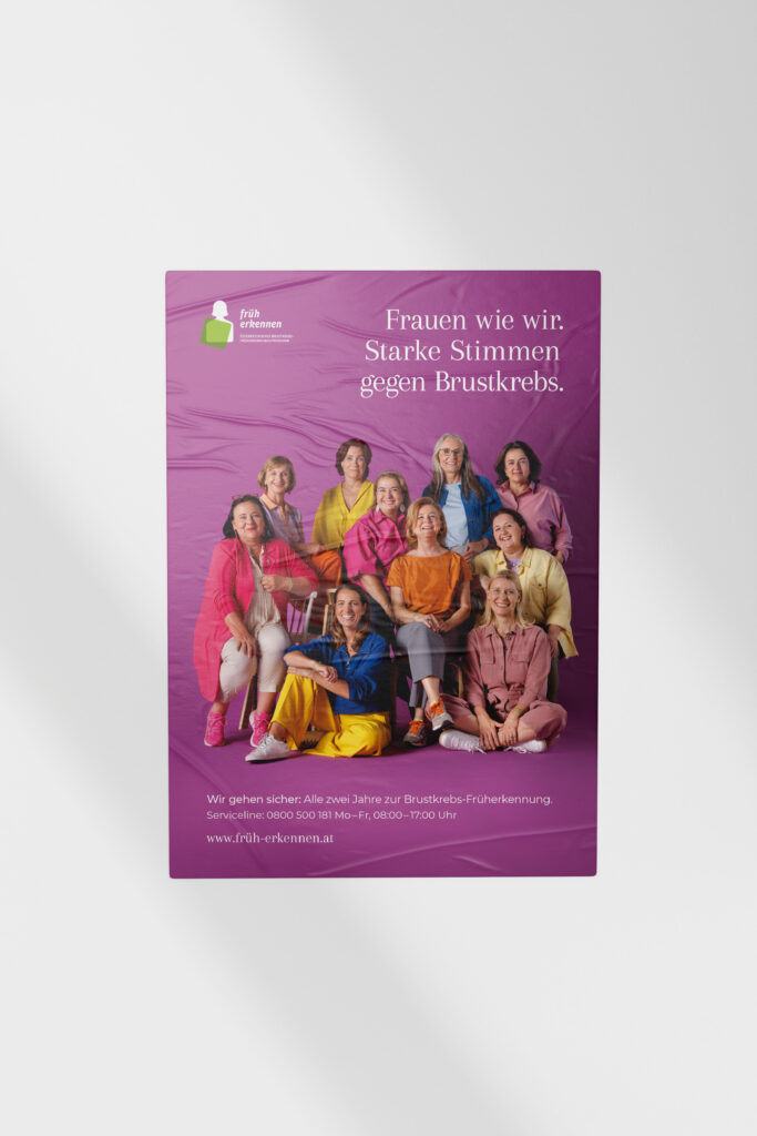 Kampagnen Poster Gruppe mit dem Zitat "Frauen wie wir. Starke Stimmen gegen Brustkrebs".